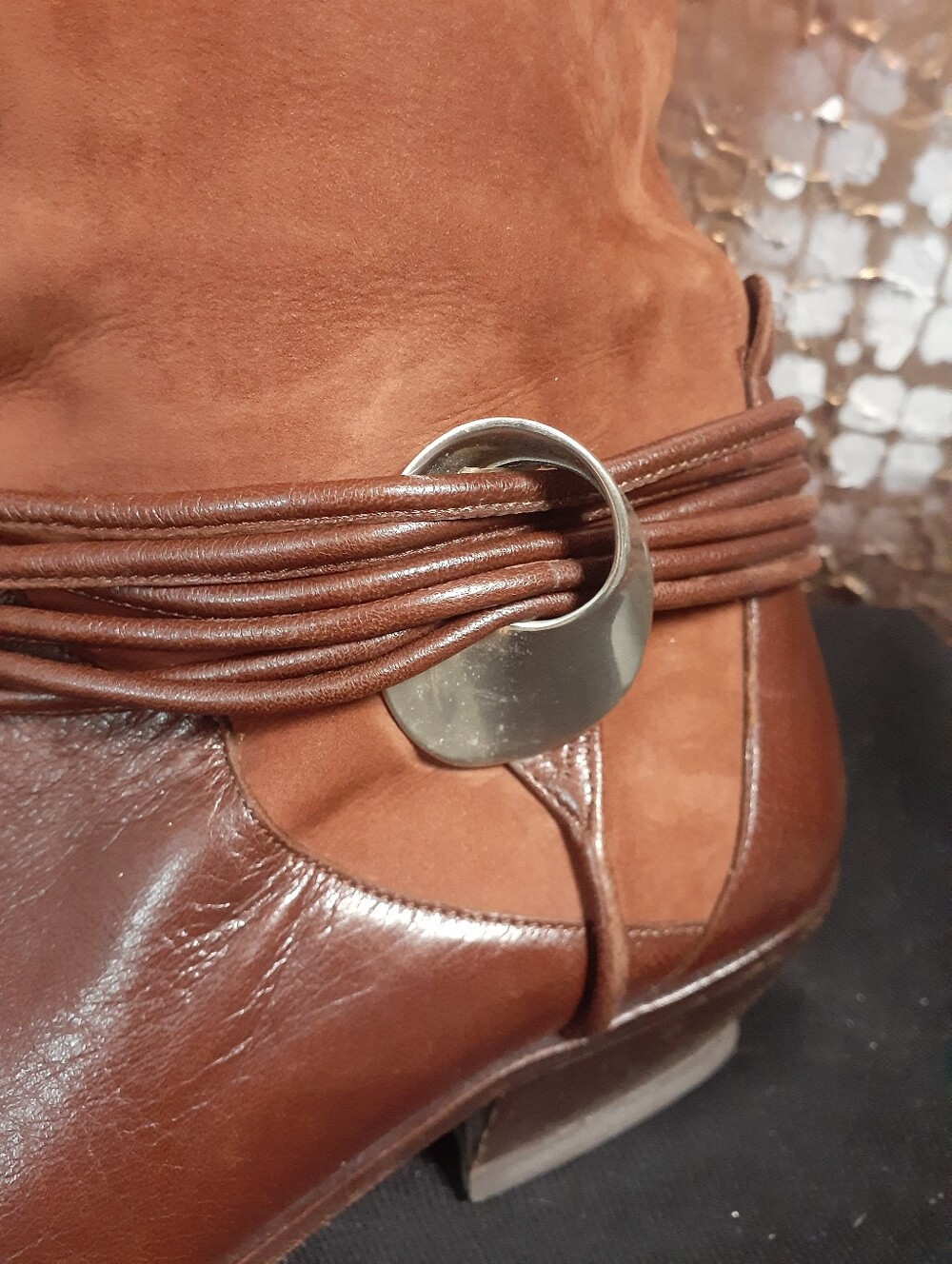 Vintage Via Spiga Two-Tone Leather And Suede Brown Western Boot with Wrap Strap - Picture 13 of 16